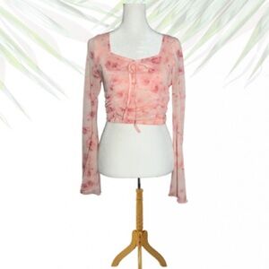 Y2K Pink Rose Mesh Ruched Tie Front‎ Long Sleeve Top | Size M